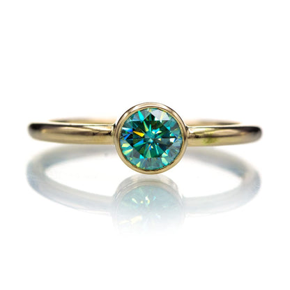 Round Teal Moissanite Low-Profile Bezel Skinny Stacking Solitaire Ring 14k Yellow Gold / 5mm/ 0.45ct Teal Moissanite Ring by Nodeform
