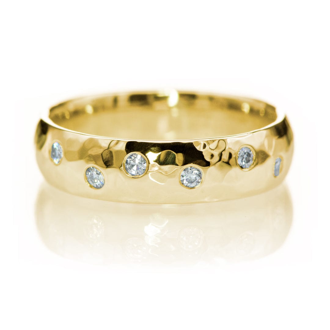 Hammered  Random Moissanite or Lab Diamond Flush Set Wedding Ring 14k Yellow Gold / 3mm / Moissanites Ring by Nodeform