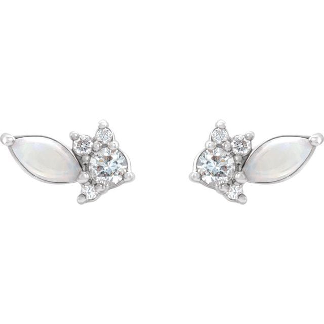 Marquise Opal & Diamond Cluster Gold or Platinum Leaf Stud Earrings 14k White Gold Earrings by Nodeform