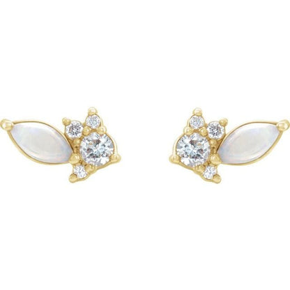 Marquise Opal & Diamond Cluster Gold or Platinum Leaf Stud Earrings 14k Yellow Gold Earrings by Nodeform