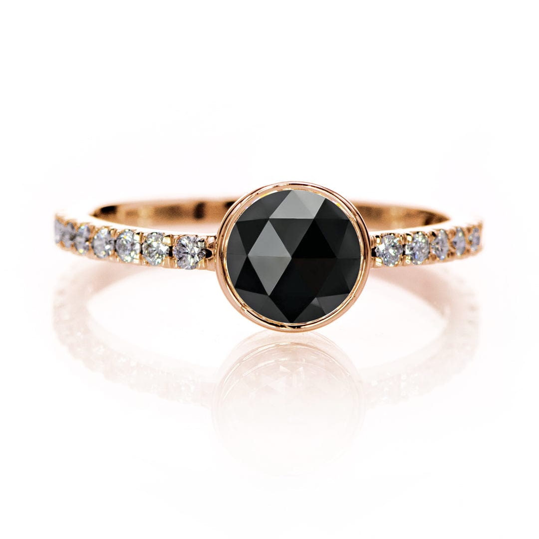 Round Rose Cut Moissanite or Black Diamond Low Profile Bezel Accented Engagement Ring Ring by Nodeform
