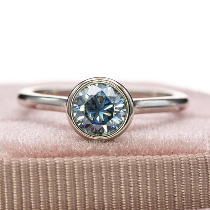 Round Blue-Gray Moissanite Bezel Set Accented Cathedral Engagement Ring Ring by Nodeform