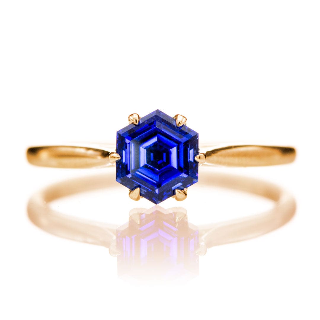 Dahlia Solitaire - Hexagon Blue Sapphire 6-Prong Solitaire Engagement Ring 14k Rose Gold Ring Ready To Ship by Nodeform