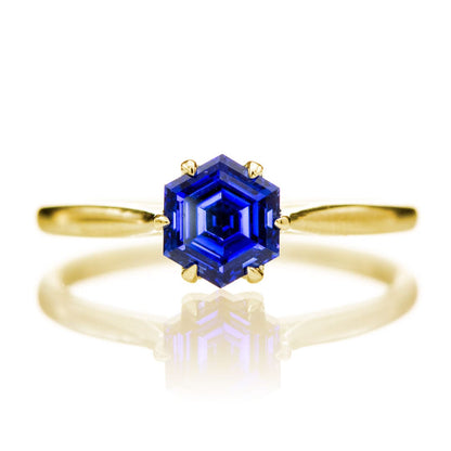 Dahlia Solitaire - Hexagon Blue Sapphire 6-Prong Solitaire Engagement Ring 10k Yellow Gold Ring Ready To Ship by Nodeform