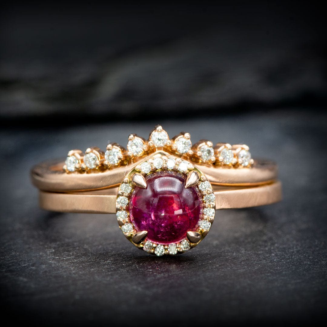 Pink Tourmaline & White Diamond Halo Rose Gold Cocktail Ring, size 4 to 9 Ring Ready To Ship by Nodeform