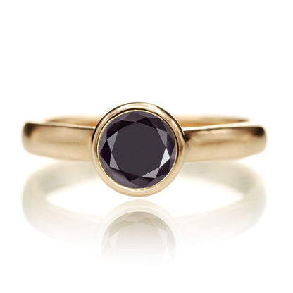 Round 1ct Black Diamond Low Profile Bezel Solitaire Engagement Ring 14K Yellow Gold Ring by Nodeform