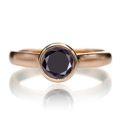 Round 1ct Black Diamond Low Profile Bezel Solitaire Engagement Ring 14k Rose Gold Ring by Nodeform