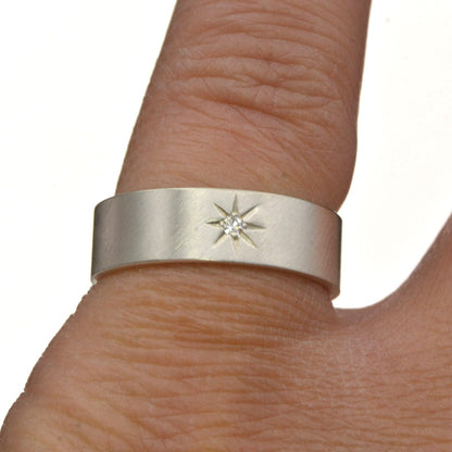Flat Wedding Band with Star Set Moissanite Ring by Nodeform