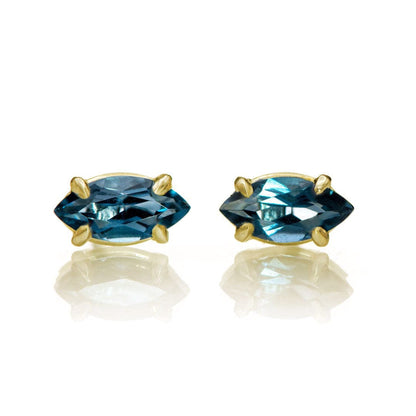 Prong Set Marquise London Blue Topaz Basket Stud Earrings 14k Yellow Gold Earrings by Nodeform