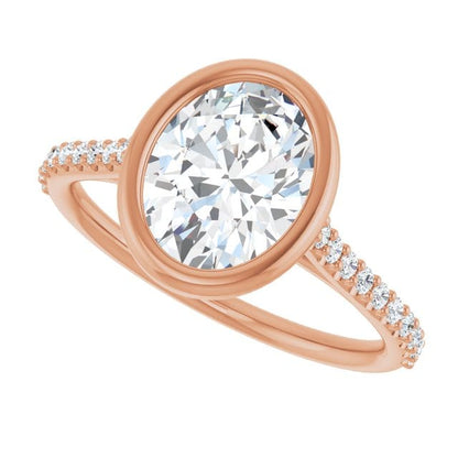 Oval Moissanite Sonia Bezel Set Diamond Accented Cathedral Engagement Ring 9x7mm Colorless DEF Moissanite / 14k Rose Gold Ring by Nodeform