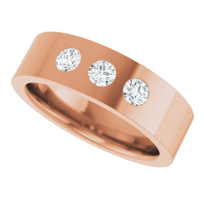 Sia Ring - 6mm wide 3 Diamond, Moissanite or Sapphire Flush Set Flat Wedding Band Lab Grown Diamonds (G-H/SI1-SI2) / 14k Rose Gold Ring by Nodeform