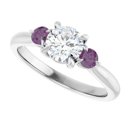 Tracy - Three Stone Diamond Prong Set Engagement Ring with Alexandrite Side Stones 14k White Gold / 0.75ct/~5.7mm lab grown diamond Ring by Nodeform