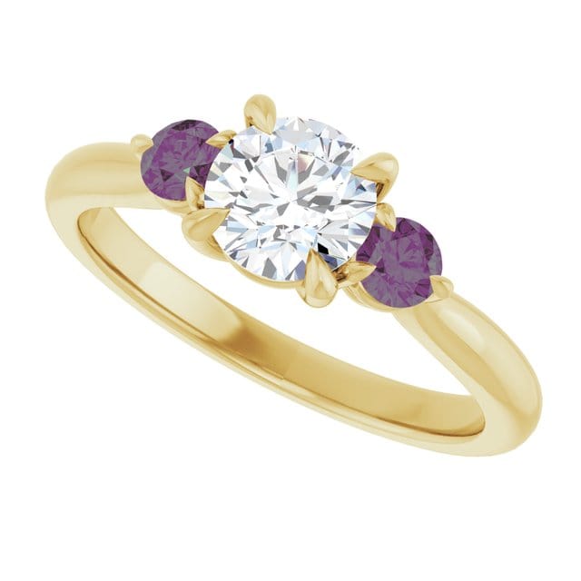 Tracy - Three Stone Diamond Prong Set Engagement Ring with Alexandrite Side Stones 14K Yellow Gold / 0.75ct/~5.7mm lab grown diamond Ring by Nodeform