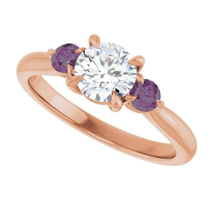 Tracy - Three Stone Diamond Prong Set Engagement Ring with Alexandrite Side Stones 14k Rose Gold / 0.75ct/~5.7mm lab grown diamond Ring by Nodeform