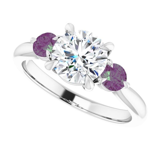 Tracy - Three Stone Diamond Prong Set Engagement Ring with Alexandrite Side Stones 14k White Gold / 1.25ct/~7mm lab grown diamond Ring by Nodeform