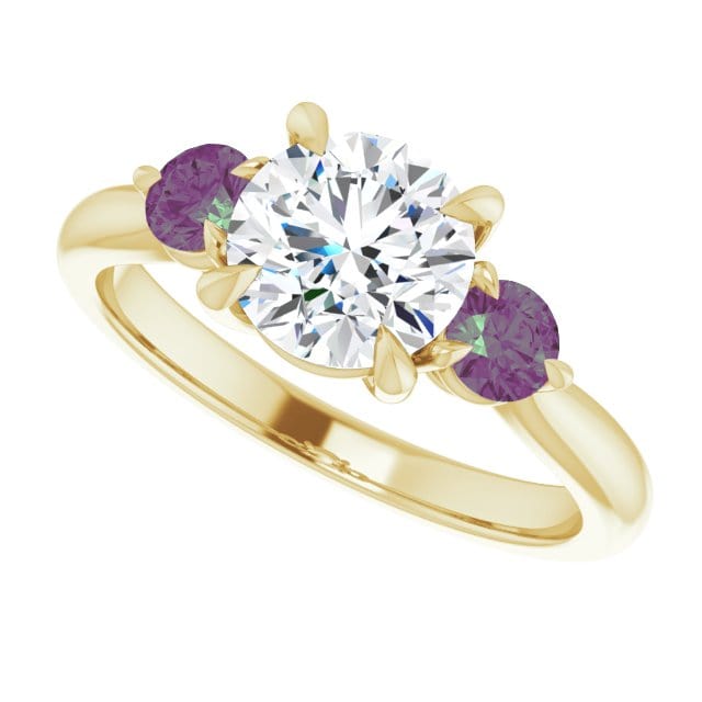 Tracy - Three Stone Diamond Prong Set Engagement Ring with Alexandrite Side Stones 14K Yellow Gold / 1.25ct/~7mm lab grown diamond Ring by Nodeform