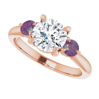 Tracy - Three Stone Diamond Prong Set Engagement Ring with Alexandrite Side Stones 14k Rose Gold / 1.25ct/~7mm lab grown diamond Ring by Nodeform