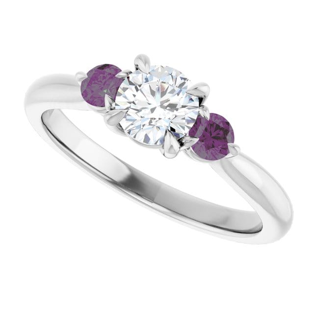 Tracy - Three Stone Diamond Prong Set Engagement Ring with Alexandrite Side Stones Ring by Nodeform