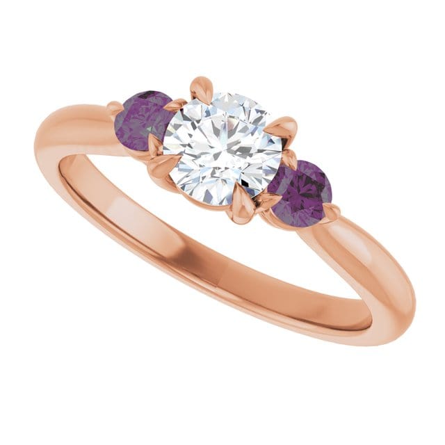 Tracy - Three Stone Diamond Prong Set Engagement Ring with Alexandrite Side Stones 14k Rose Gold / 0.5ct/ ~5mm lab grown diamond Ring by Nodeform