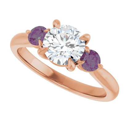 Tracy - Three Stone Diamond Prong Set Engagement Ring with Alexandrite Side Stones 14k Rose Gold / 1.0ct/~6.5mm lab grown diamond Ring by Nodeform