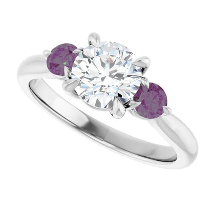 Tracy - Three Stone Diamond Prong Set Engagement Ring with Alexandrite Side Stones 14k White Gold / 1.0ct/~6.5mm lab grown diamond Ring by Nodeform