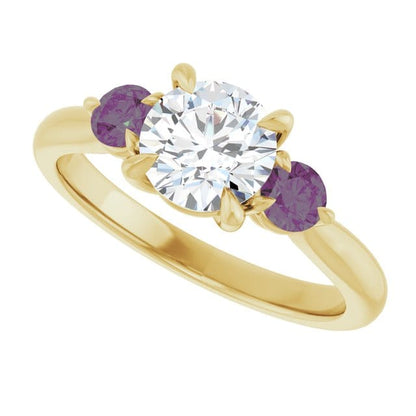 Tracy - Three Stone Diamond Prong Set Engagement Ring with Alexandrite Side Stones 14K Yellow Gold / 1.0ct/~6.5mm lab grown diamond Ring by Nodeform