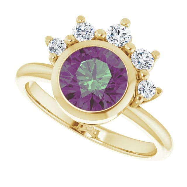 Juno - Bezel Set Round Alexandrite Engagement Ring with Diamond Half Halo 14k Yellow Gold / 7 mm/ 1.7ct Alexandrite Ring by Nodeform