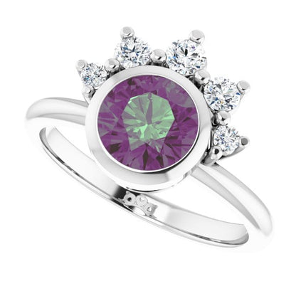 Juno - Bezel Set Round Alexandrite Engagement Ring with Diamond Half Halo 14k White Gold / 6.5 mm/ 1.3ct Alexandrite Ring by Nodeform