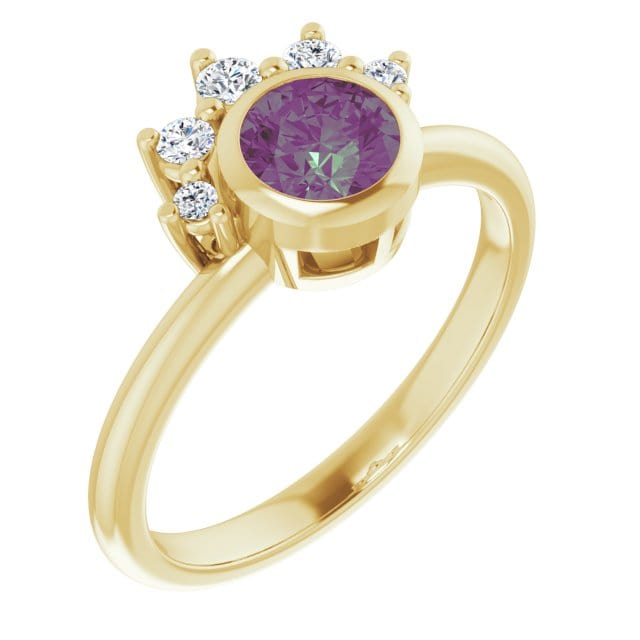 Juno - Bezel Set Round Alexandrite Engagement Ring with Diamond Half Halo 18k Yellow Gold / 5 mm/ 0.6ct Alexandrite Ring by Nodeform