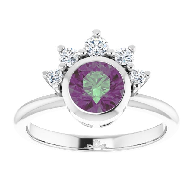 Juno - Bezel Set Round Alexandrite Engagement Ring with Diamond Half Halo 14k White Gold / 6 mm/ 1.1ct Alexandrite Ring by Nodeform