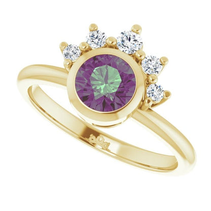 Juno - Bezel Set Round Alexandrite Engagement Ring with Diamond Half Halo 14k Yellow Gold / 5.5 mm/ 0.76ct Alexandrite Ring by Nodeform