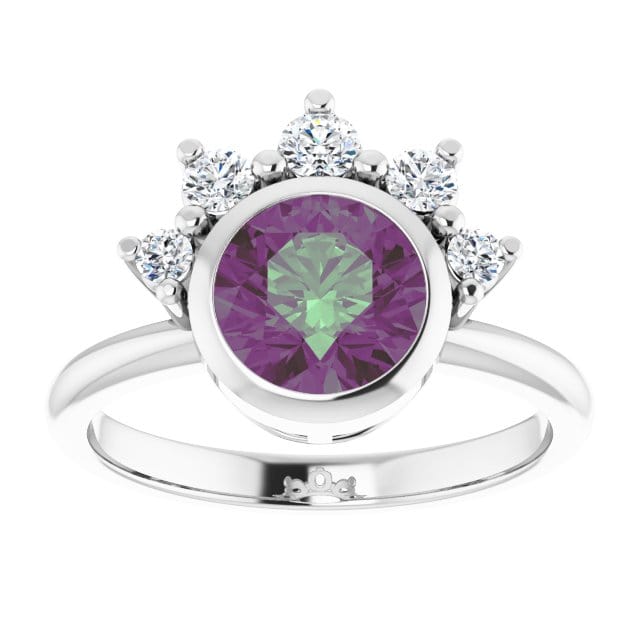 Juno - Bezel Set Round Alexandrite Engagement Ring with Diamond Half Halo 14k White Gold / 7 mm/ 1.7ct Alexandrite Ring by Nodeform