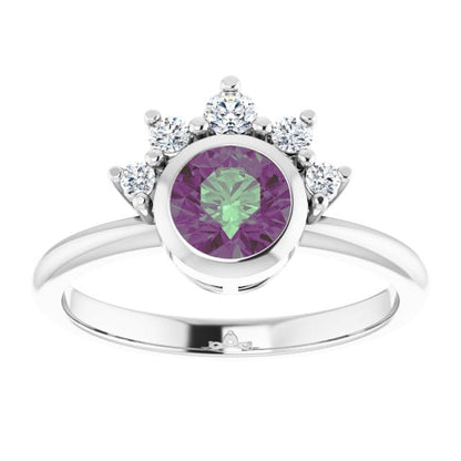 Juno - Bezel Set Round Alexandrite Engagement Ring with Diamond Half Halo 14k White Gold / 5.5 mm/ 0.76ct Alexandrite Ring by Nodeform