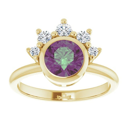 Juno - Bezel Set Round Alexandrite Engagement Ring with Diamond Half Halo 14k Yellow Gold / 6.5 mm/ 1.3ct Alexandrite Ring by Nodeform