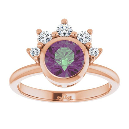 Juno - Bezel Set Round Alexandrite Engagement Ring with Diamond Half Halo 14k Rose Gold / 6.5 mm/ 1.3ct Alexandrite Ring by Nodeform