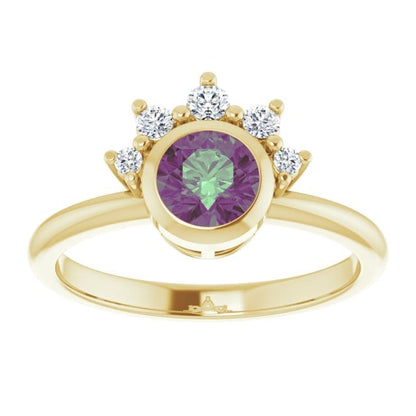 Juno - Bezel Set Round Alexandrite Engagement Ring with Diamond Half Halo 14k Yellow Gold / 5 mm/ 0.6ct Alexandrite Ring by Nodeform