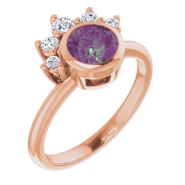 Juno - Bezel Set Round Alexandrite Engagement Ring with Diamond Half Halo 14k Rose Gold / 6 mm/ 1.1ct Alexandrite Ring by Nodeform