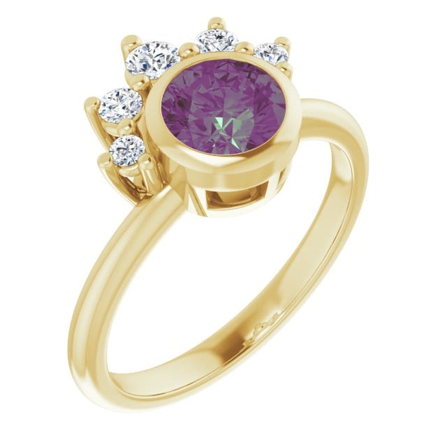 Juno - Bezel Set Round Alexandrite Engagement Ring with Diamond Half Halo 14k Yellow Gold / 6 mm/ 1.1ct Alexandrite Ring by Nodeform