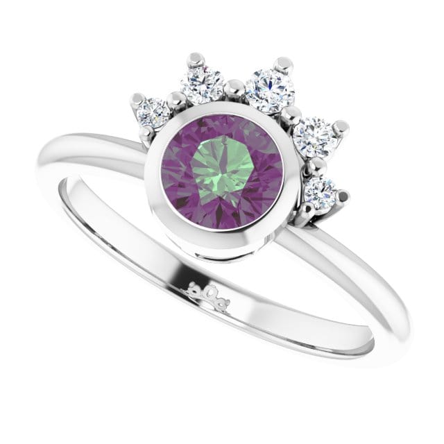 Juno - Bezel Set Round Alexandrite Engagement Ring with Diamond Half Halo 14k White Gold / 5 mm/ 0.6ct Alexandrite Ring by Nodeform