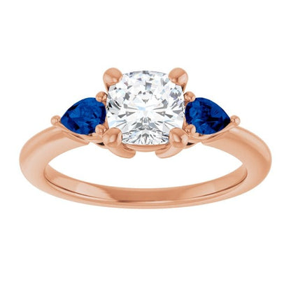 Tressa Bridal Set- Three Stone Cushion Moissanite Engagement & Pear Blue Sapphire Accents With Cecilia Band