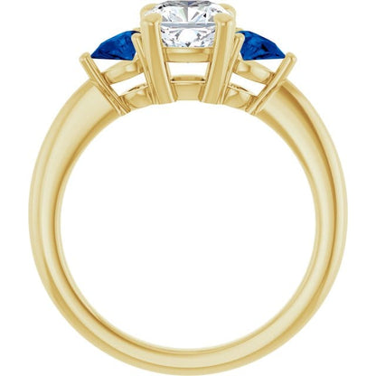 Tressa Bridal Set- Three Stone Cushion Moissanite Engagement & Pear Blue Sapphire Accents With Cecilia Band