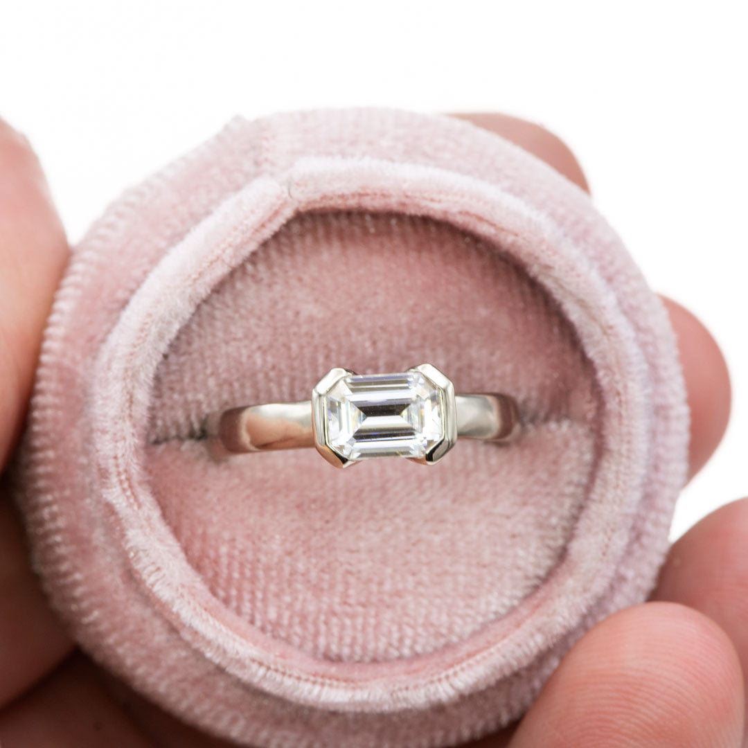 Sideways Emerald Cut Moissanite Ring Half Bezel Halley Solitaire Engagement Ring Ring by Nodeform