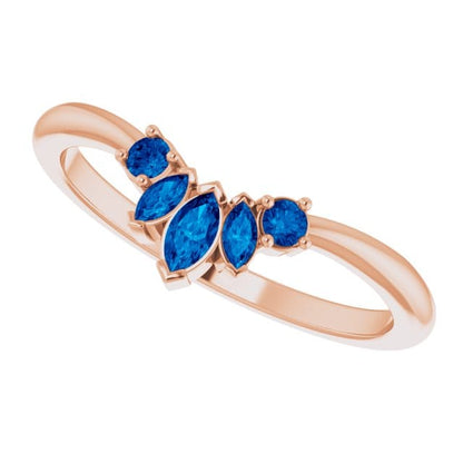 Macie Band- Marquise Diamond, Moissanite or White Sapphire Curved Contoured Stacking Wedding Ring Blue Sapphires / 14k Rose Gold Ring by Nodeform