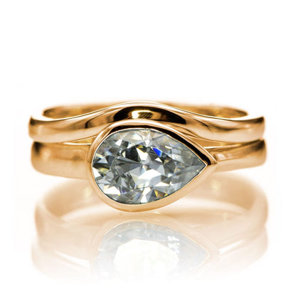 Pear Moissanite Tear Drop Bezel Bridal Set Engagement Ring and Wedding Band 6x4mm/0.38ct Moissanite / 14k Rose Gold Ring by Nodeform