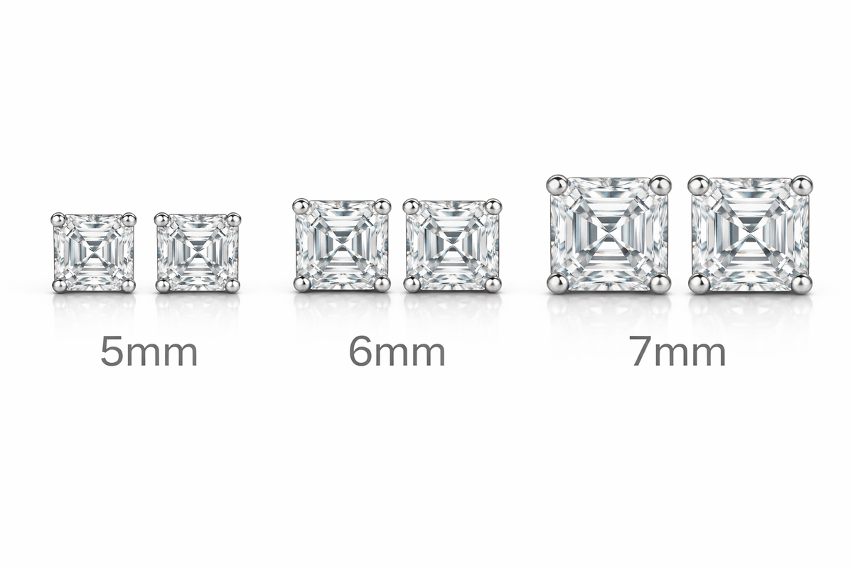 Asscher cut moissanite earrings of different sizes on a white background