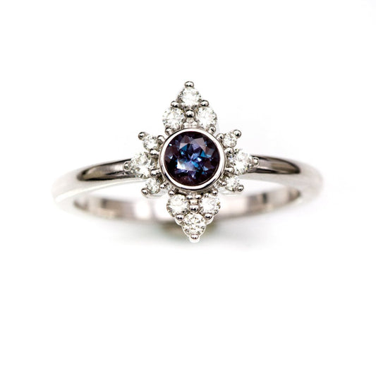 Ava Ring - Petite Lab-grown Alexandrite Engagement Ring with Diamond Halo 14k White Gold Ring by Nodeform