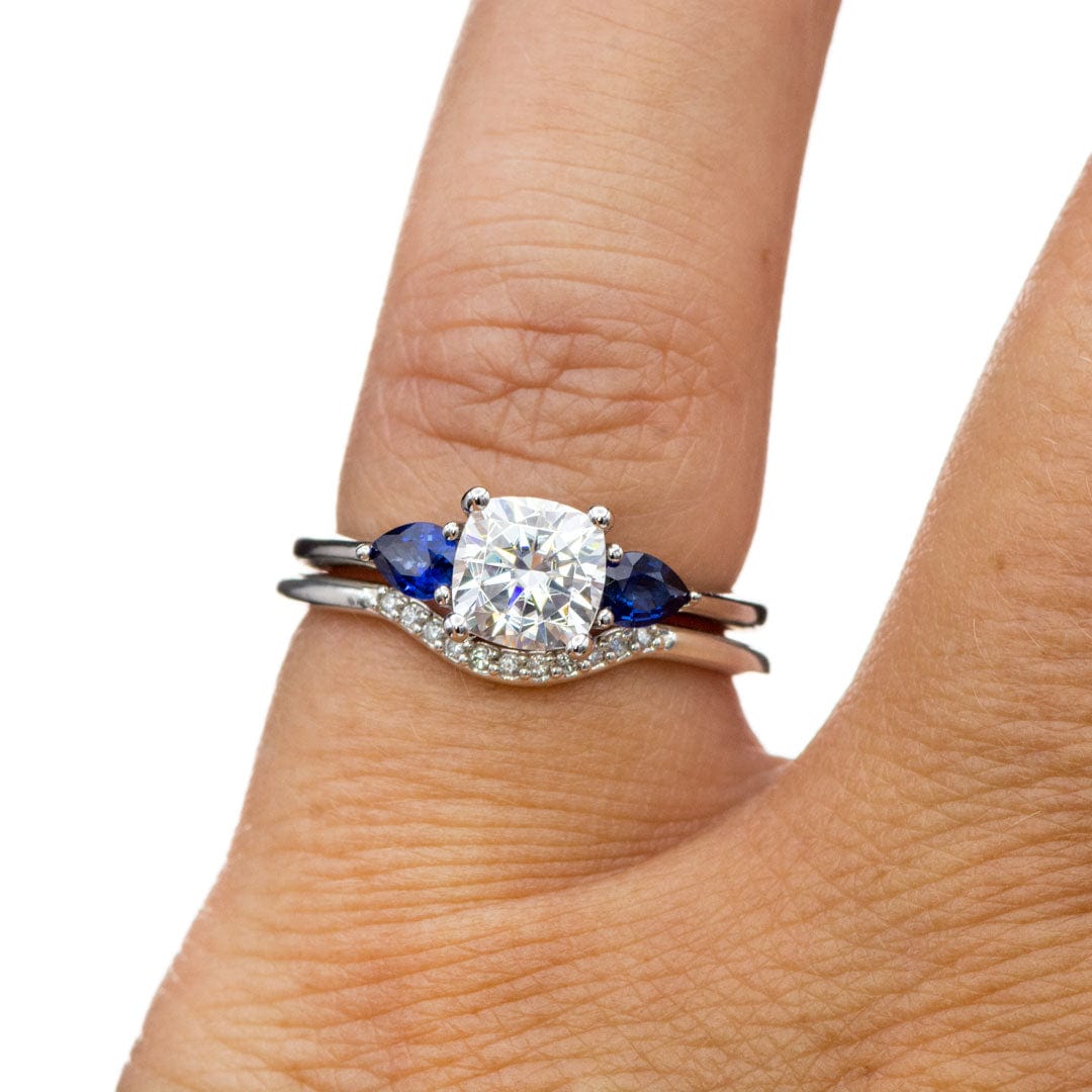 Tressa- Three Stone Engagement Ring, Prong set Cushion Moissanite & Pear Blue Sapphire Accents Ring by Nodeform