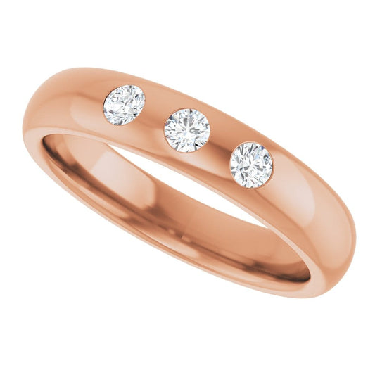 Dana Ring - 4mm wide 3 Diamond, Moissanite or Sapphire Flush Set Domed Wedding Band Lab Grown Diamonds (G-H/SI1-SI2) / 14k Rose Gold Ring by Nodeform