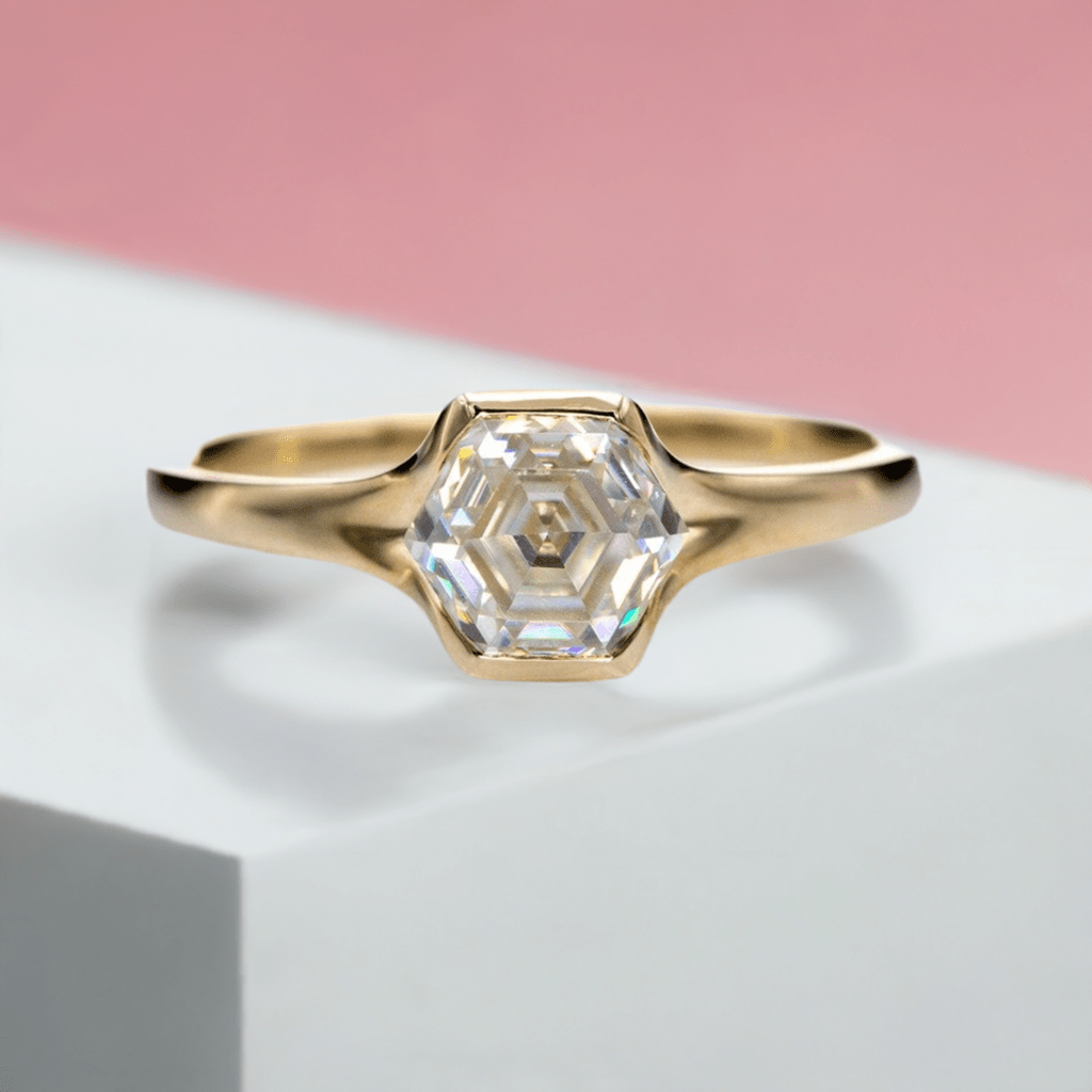 Hexagon Step Cut Moissanite Fold Semi-bezel 10k Yellow Gold Solitaire Engagement Ring Ring Ready To Ship by Nodeform