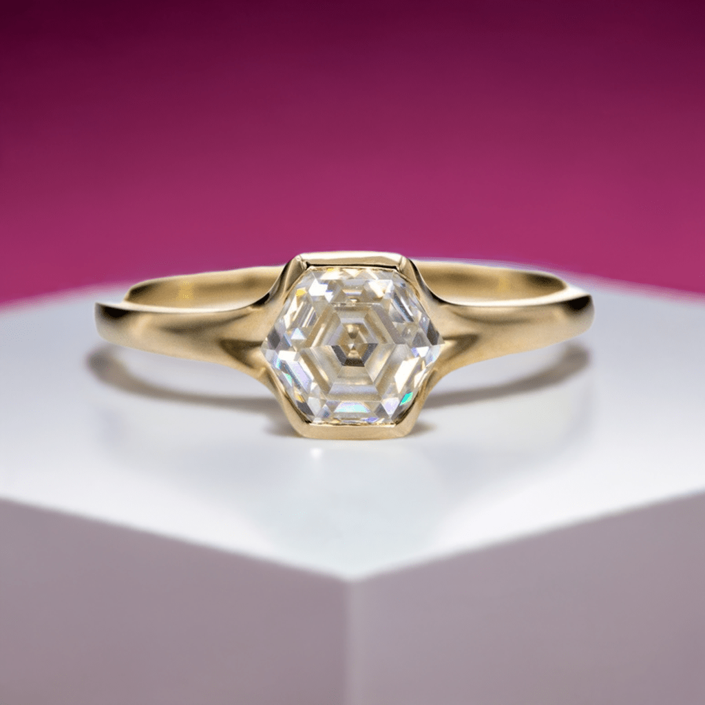 Hexagon Step Cut Moissanite Fold Semi-bezel 10k Yellow Gold Solitaire Engagement Ring Ring Ready To Ship by Nodeform